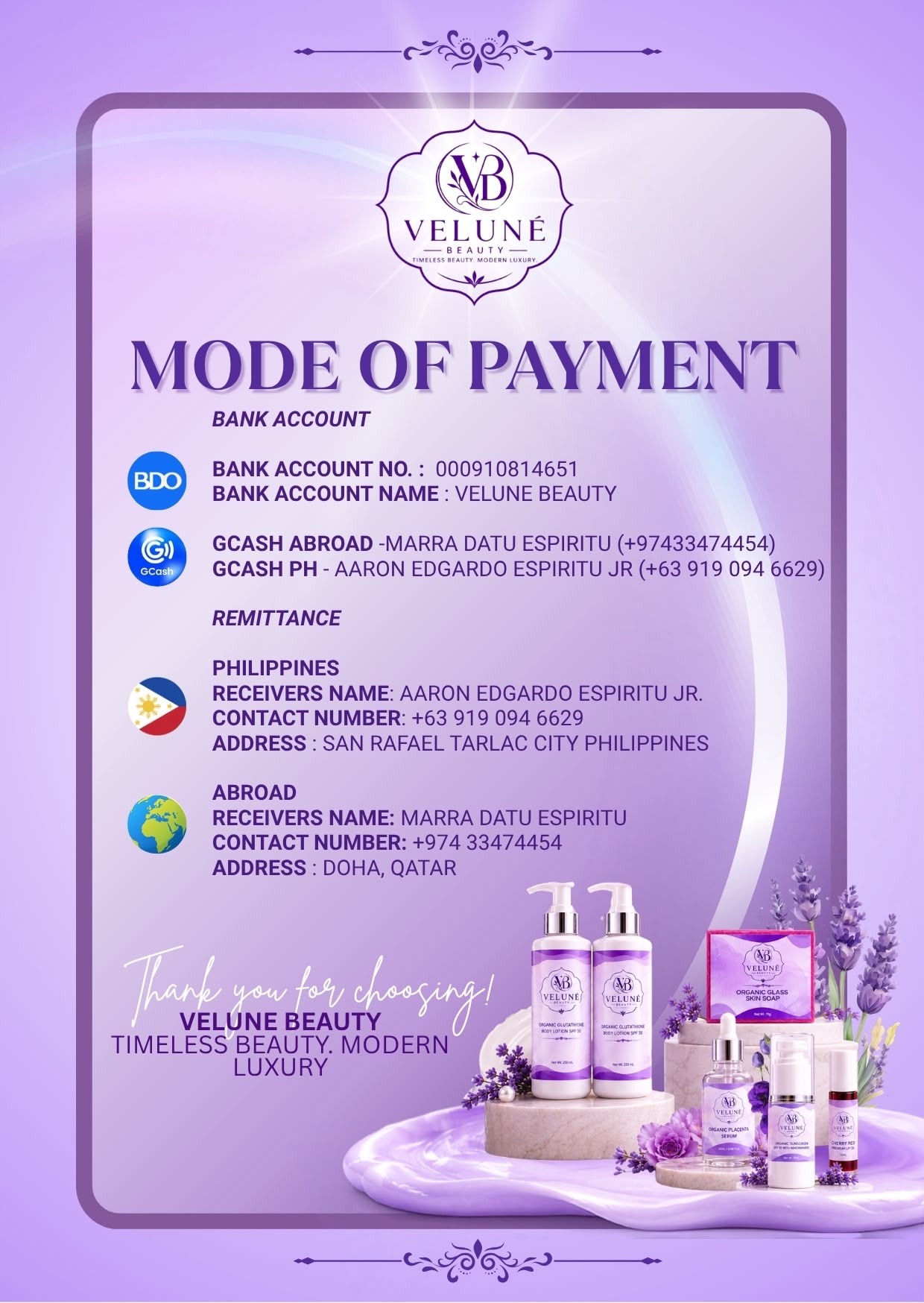 Veluné Mode of Payment guide
